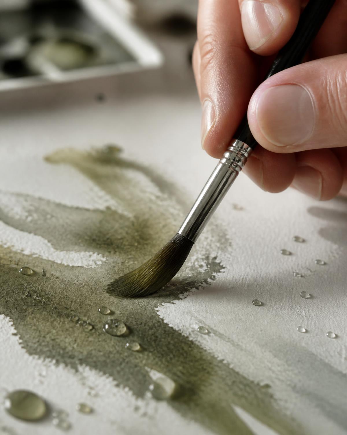 Pincel cargado de pigmento verde sobre papel de acuarela texturado